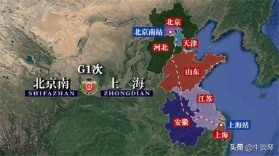 ​G1次列车运行线路图：北京南站开往上海站，全程1325公里